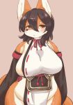  2019 anthro areola big_breasts black_hair blush breasts canid canine eigetsu female fox hair hi_res kemono looking_at_viewer mammal pink_background simple_background snout solo 