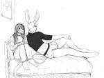  4:3 anthro bed black_and_white bulge clothed clothing didelphid duo eyewear furniture glasses hair hair_over_eye hladilnik lagomorph leporid long_hair male mammal marsupial monochrome navel on_bed one_eye_obstructed penis_outline rabbit simple_background white_background 