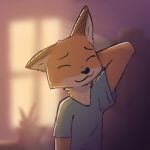  1:1 2019 anthro black_nose blurred_background canid canine clothed clothing disney enginetrap fox fur hi_res inside light lighting mammal neck_tuft nick_wilde one_ear_up plant potted_plant red_fox shirt smile solo t-shirt topwear tuft window zootopia 