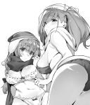  2girls ass atlanta_(kantai_collection) bra braid breasts empty_eyes greyscale hat kantai_collection large_breasts long_hair looking_at_viewer looking_back monochrome multiple_girls nonco panties scarf shinshuu_maru_(kantai_collection) twin_braids twintails underwear winter_clothes 