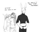  4:3 anthro black_and_white bulge clothed clothing dialogue didelphid duo english_text eyewear glasses hair hair_over_eye hladilnik lagomorph leporid long_hair male mammal marsupial monochrome one_eye_obstructed rabbit simple_background text white_background 