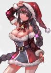  1girl absurdres bangs bare_shoulders bell belt blush braid breasts brown_hair christmas cleavage consort_yu_(fate) detached_sleeves dress ear_piercing fate/grand_order fate_(series) fur-trimmed_dress fur-trimmed_hat grey_background hat highres long_hair looking_at_viewer medium_breasts neck_ribbon piercing red_dress red_eyes red_headwear red_ribbon ribbon sabamisob santa_hat sidelocks simple_background single_braid solo sparkle thighs very_long_hair 