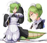  1girl =3 antennae apron black_dress blush collared_dress commentary_request double_bun dress extra_legs eyebrows_visible_through_hair flat_chest frilled_apron frilled_sleeves frills garter_straps green_eyes green_hair hair_behind_ear hair_over_one_eye insect_girl looking_at_viewer maid maid_apron maid_dress maid_headdress mole mole_under_eye monster_girl multiple_views original parted_lips plan_(planhaplalan) pleated_dress praying_mantis simple_background sitting sleeves_past_wrists smile tagme translation_request wariza white_background 