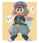  2019 anthro balls bandanna biped blush brown_body brown_eyes brown_fur brown_hair canid canine canis clothed clothing cub ear_piercing ear_ring freddie_(gundam_build_divers_re:rise) fur gundam gundam_build_divers_re:rise hair hat headgear headwear male mammal penis piercing pu_sukebe solo young 