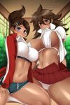  2girls asahina_aoi blue_eyes blue_shorts blush breasts brown_hair danganronpa danganronpa_1 green_eyes hair_between_eyes hair_ornament hairclip jacket large_breasts lindaroze looking_at_viewer midriff multiple_girls navel owari_akane patreon_username pleated_skirt red_jacket red_skirt shiny shiny_hair shiny_skin shirt short_shorts shorts skirt super_danganronpa_2 track_jacket twitter_username white_shirt 