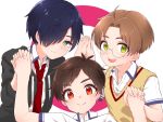  3boys ahoge black_jacket blue_hair brown_hair glasses green_eyes hair_over_one_eye holding_hands jacket jinnai_enta kuji_toi male_focus multiple_boys necktie red_eyes red_neckwear sarazanmai school_uniform short_sleeves simple_background smile tutimaru0730 upper_body vest white_background yasaka_kazuki 