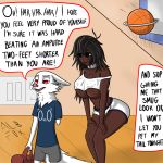  1:1 albinefox amputee annoyed anthro basketball big_breasts big_butt black_hair breast_squish breasts butt canid canine clothed clothing curvy_figure dark_skin dialogue disability disney fan_character female female_on_anthro fox hair hi_res human humor male mammal marshmallow_(albinefox) simple_background slave slave_chan_(albinefox) smug speech_bubble squish under_boob wide_hips zootopia 