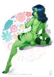  2018 anthro aomori azure_(froshana) blue_hair breasts butt claws eyebrows eyelashes female green_body green_scales hair lizard looking_at_viewer looking_back nude pawpads rear_view reptile scales scalie side_boob sitting solo spines stripes toe_claws 