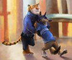  2017 anthro barefoot belt black_stripes blurred_background bottomwear canid canine canis claws clothing disney duo felid fur guephren mammal neck_tuft orange_body orange_fur pantherine pants pawpads pink_nose police_officer shirt stripes tiger toe_claws topwear tuft walking white_body white_fur wolf zootopia 