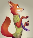 2016 anthro bottomwear canid canine claws clothed clothing disney fox fully_clothed fur green_eyes grey_background hi_res inner_ear_fluff mammal neck_tuft necktie nick_wilde orange_body orange_fur pants pawpads red_fox shirt side_view simple_background solo teeth topwear tuft zazush-una zootopia 