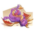  2019 activision anthro bodily_fluids claws cum digital_media_(artwork) dragon genital_fluids horn karukuji male membrane_(anatomy) membranous_wings open_mouth penis purple_body purple_eyes purple_scales scales scalie solo spines spyro spyro_the_dragon teeth tongue video_games western_dragon wings 