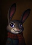  ambiguous_gender anthro brown_background bust_portrait clothed clothing coat disney fur grey_body grey_fur hi_res judy_hopps lagomorph leporid mammal nik159 pink_nose portrait purple_eyes rabbit scarf simple_background smile solo topwear white_body white_fur zootopia 