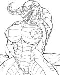 2011 anthro big_breasts black_and_white breasts female huge_breasts inviting lips looking_at_viewer monochrome nipples non-mammal_breasts nude open_mouth pussy reptile scalie sharp_teeth solo teasing teeth thick_bottom_lip tongue tongue_out traditional_media_(artwork) walter_sache 
