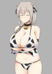  1girl animal_ears animal_print arms_under_breasts bangs bare_shoulders bell bikini black_collar blush breasts cleavage closed_eyes collar collarbone covered_nipples cow_bell cow_ears cow_horns cow_print cowboy_shot crossed_arms elbow_gloves eyebrows_visible_through_hair gloves grey_background groin hair_between_eyes highres horns huge_breasts long_hair low_ponytail mature nao_(ritsancrossover) navel open_mouth shiny shiny_hair silver_hair simple_background skindentation solo standing string_bikini swimsuit thigh_gap thighs underboob uzaki-chan_wa_asobitai! uzaki_tsuki white_bikini white_gloves 