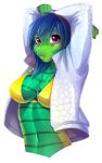  2019 anthro azure_(froshana) big_breasts bikini blue_hair breasts clothing digital_media_(artwork) female green_body green_scales hair half-length_portrait hands_behind_head hi_res jacket knight_dd lizard looking_at_viewer midriff navel non-mammal_breasts open_jacket portrait purple_eyes reptile scales scalie simple_background solo spines swimwear topwear white_background 
