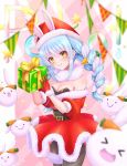  1girl animal_ears belt blue_hair braid breasts bunny bunny_ears carrot cleavage commentary_request gift gloves hat hololive long_hair pantyhose santa_hat scarf smile solo twin_braids usada_pekora virtual_youtuber 