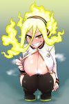  1girl black_legwear blonde_hair blush boku_no_hero_academia boots breasts burnin_(boku_no_hero_academia) cleavage fiery_hair grin hair_between_eyes highres long_hair nipples one_breast_out open_clothes smile solo squatting sweat tenk thighhighs yellow_eyes 
