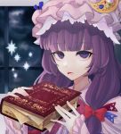  1girl :p bangs blue_ribbon blunt_bangs book bow commentary_request crescent crescent_hair_ornament dress eyebrows_visible_through_hair hair_bow hair_ornament hat hat_ribbon highres holding holding_book long_hair long_sleeves looking_at_viewer mob_cap mole mole_under_mouth patchouli_knowledge purple_dress purple_eyes purple_hair purple_headwear red_bow ribbon solo takeyukiwa_tikuwa tongue tongue_out touhou upper_body window 