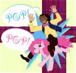  2012 abstract_background black_hair blue_eyes bow_tie clothed clothing community_(series) crossover cutie_mark duo earth_pony equid equine eyewear female friendship_is_magic glasses hair horse human magnitude male mammal mane muffinpoodle my_little_pony pink_mane pinkie_pie_(mlp) pony riding speech_bubble text topwear vest 