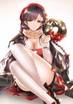  1girl absurdres alternate_costume bangs black_hair blush braid breasts brown_eyes cardigan christmas cleavage dress girls_frontline hair_ornament hair_ribbon hairclip hat higandgk highres holding jewelry large_breasts lewis_(girls_frontline) long_hair necklace ribbon scarf sidelocks sitting skirt solo thighhighs thighs twin_braids 