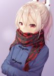  1girl alternate_costume ayanami_(azur_lane) azur_lane bangs blonde_hair blue_coat blush choro_tofu commentary_request eyebrows_visible_through_hair eyelashes gradient gradient_background hands_in_opposite_sleeves long_hair long_sleeves looking_afar looking_away plaid plaid_scarf ponytail purple_background red_eyes red_scarf scarf scarf_over_mouth solo upper_body 