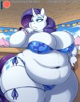  2019 anthro belly big_belly big_breasts bikini blue_eyes bored bracelet breasts chubby_cheeks clothed clothing curvy_figure deep_navel digital_media_(artwork) equid eyeshadow female friendship_is_magic front_view horn huge_breasts huge_thighs jewelry looking_away makeup mammal mascara my_little_pony navel nekocrispy obese obese_female outside overweight overweight_female patreon public rarity_(mlp) skimpy solo squish standing swimwear text thick_thighs thigh_squish unicorn url voluptuous wide_hips 