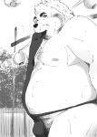  2019 anthro asian_clothing belly blush bodily_fluids bulge clothing east_asian_clothing fundoshi hi_res japanese_clothing male mammal moobs nipples outside overweight overweight_male pubes shintatokoro solo sweat underwear ursid 