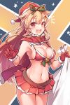  1girl :d armpits bare_shoulders bell bikini_top blonde_hair bow breasts christmas cleavage commentary_request cowboy_shot detached_collar fang gloves hair_bow hair_flaps hair_ornament hairclip hat holding holding_sack kantai_collection konnyaku_(kk-monmon) long_hair looking_at_viewer medium_breasts miniskirt navel open_mouth orange_eyes pleated_skirt red_bikini_top red_gloves red_headwear red_skirt remodel_(kantai_collection) sack santa_bikini santa_hat scarf sidelocks skirt smile solo stomach very_long_hair yuudachi_(kantai_collection) 