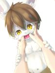  anthro bodily_fluids brown_hair clothed clothing cub drooling eipon_tarou finger_in_mouth first_person_view fish_hooking fur hair human kemono lagomorph leporid looking_at_viewer male mammal open_mouth rabbit saliva short_hair simple_background tongue topless white_background white_body white_fur yellow_eyes young 