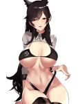  1girl akire_zz atago_(azur_lane) azur_lane bikini black_bikini black_hair black_legwear breasts commentary_request extra_ears groin highres large_breasts long_hair looking_at_viewer mole mole_under_eye navel open_mouth race_queen shrug_(clothing) sitting smile solo swimsuit thighhighs white_background wing_collar wrist_cuffs 