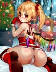  1girl alternate_hairstyle ass bangs bare_arms bare_shoulders bell black_legwear blonde_hair blush boots bow box breath christmas_tree commentary_request crystal dress flandre_scarlet from_behind gift gift_box hair_between_eyes hair_ornament hair_scrunchie halterneck hands_up highres long_hair looking_at_viewer microdress mittens nose_blush panties parted_lips pointy_ears red_bow red_dress red_eyes red_footwear red_scrunchie scrunchie shiron_(e1na1e2lu2ne3ru3) sidelocks sitting solo thighhighs thighs touhou twintails underwear wariza white_panties wings 
