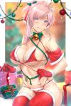  1girl absurdres alternate_costume bangs bare_shoulders bauble bell bell_collar bikini blue_eyes blurry blurry_background blush box breasts capelet christmas christmas_lights christmas_ornaments christmas_tree closed_mouth collar collarbone earrings eyebrows_visible_through_hair fate/grand_order fate_(series) fur-trimmed_gloves fur_trim gift gift_box gloves green_ribbon hair_ribbon highres huge_filesize jewelry large_breasts licking_lips long_hair looking_at_viewer miyamoto_musashi_(fate/grand_order) navel pink_hair red_bikini red_capelet red_gloves red_legwear red_ribbon rei_kun ribbon santa_bikini sitting smile solo star star_earrings swimsuit thighhighs tongue tongue_out 