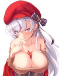  1girl absurdres aran_sweater azur_lane bare_shoulders belfast_(azur_lane) belfast_(shopping_with_the_head_maid)_(azur_lane) blush bow breasts brown_legwear brown_sweater choker cleavage collarbone commentary_request earrings food food_between_breasts hand_on_own_chest hat hat_bow highres holding holding_food hoop_earrings jewelry large_breasts leaning_forward long_hair looking_at_viewer off-shoulder_sweater off_shoulder pantyhose pocky skirt solo sweater toid310 upper_body white_background white_hair 