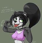  2019 anthro black_body black_fur blizzard_entertainment breasts choker clothed clothing digital_media_(artwork) fellatio_gesture female fingers freepancakes fur gesture green_eyes hair hi_res jewelry li_li_stormstout looking_at_viewer mammal necklace nipple_outline open_mouth pandaren ponytail sharp_teeth shirt simple_background smile solo suggestive suggestive_gesture teeth text topwear ursid video_games warcraft white_body white_fur 