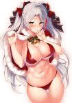  1girl antenna_hair azur_lane bangs bell bikini blush bow breasts brown_eyes capelet cleavage commentary_request eyebrows_visible_through_hair fur-trimmed_capelet fur_trim groin hair_bow hair_ribbon hand_up highres jingle_bell kawai large_breasts long_hair looking_at_viewer multicolored_hair navel prinz_eugen_(azur_lane) red_bikini red_capelet red_hair ribbon shiny shiny_skin silver_hair simple_background skindentation smile solo stomach streaked_hair swept_bangs swimsuit thigh_gap thighs two_side_up very_long_hair white_background 