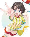 1girl arm_up belt black_hair blue_eyes closed_eyes commentary_request hat highres hololive looking_at_viewer oozora_subaru open_mouth shigure_ui short_hair shorts simple_background solo stopwatch v virtual_youtuber watch whistle whistle_around_neck 