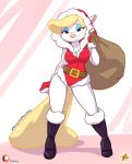  animaniacs belt blonde_hair boots breasts cleavage clothed clothing costume eyeshadow female footwear fur furboz gloves hair handwear looking_at_viewer makeup mammal minerva_mink mink mustelid musteline pink_nose sack santa_costume smile solo warner_brothers white_body white_fur 