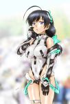  1girl :o ahoge alternate_costume alternate_hairstyle artist_name bangs black_hair blue_eyes blurry blurry_background breasts commentary_request covered_navel cowboy_shot elbow_gloves gauntlets girls_und_panzer gloves hair_ornament hand_on_own_face highleg highleg_leotard highres impossible_clothes impossible_leotard isuzu_hana large_breasts leotard long_hair looking_at_viewer low_twintails open_mouth partial_commentary rakuen_tsuihou signature solo standing twintails wee259hiyama white_gloves white_leotard 