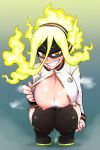  1girl black_legwear blonde_hair blush boku_no_hero_academia boots breasts burnin_(boku_no_hero_academia) cleavage fiery_hair grin hair_between_eyes highres long_hair mask nipples one_breast_out open_clothes smile solo squatting sweat tenk thighhighs yellow_eyes 