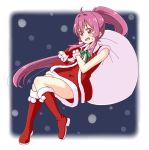  1girl ahoge bangs boots christmas commentary_request eyebrows_visible_through_hair gloves hair_intakes long_hair open_mouth pontasu ponytail purple_eyes purple_hair sack santa_boots santa_costume santa_gloves solo sugiura_ayano sweatdrop very_long_hair yuru_yuri 