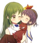  2girls absurdres baby_carry blush cheek-to-cheek commentary_request detached_sleeves eyebrows_visible_through_hair green_eyes green_hair hair_ornament hand_on_another&#039;s_back hand_on_another&#039;s_head highres holding_person kochiya_sanae layered_sleeves leaf_hair_ornament long_sleeves multiple_girls one_eye_closed parted_lips puffy_short_sleeves puffy_sleeves purple_hair red_shirt red_skirt rope shimenawa shirt short_hair short_sleeves simple_background skirt sleeping smile standing tatuhiro touhou upper_body white_background yasaka_kanako younger 
