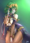  1girl absurdres braid breasts byleth_(fire_emblem) byleth_(fire_emblem)_(female) cleavage cosplay deekei dress fire_emblem fire_emblem:_three_houses gradient gradient_background green_eyes green_hair hair_ornament highres large_breasts looking_to_the_side medium_hair pantyhose parted_lips simple_background solo sothis_(fire_emblem) sothis_(fire_emblem)_(cosplay) tiara twin_braids 