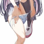  1girl black_legwear blue_panties head_out_of_frame hiiragi_yuuichi kneehighs lace lace_panties leg_lift legs long_hair original panties pleated_skirt purple_hair simple_background skirt solo standing standing_on_one_leg thighs underwear undressing white_background 