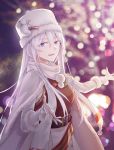  1girl azur_lane belt blurry blurry_background breasts cape character_name christmas cowboy_shot earmuffs enterprise_(azur_lane) enterprise_(reindeer_master)_(azur_lane) eyebrows_visible_through_hair fur_trim gloves hair_between_eyes high-waist_skirt highres long_hair long_sleeves looking_at_viewer medium_breasts open_mouth outstretched_arms pom_pom_(clothes) purple_eyes ribbed_sweater sash scarf silver_hair skirt smile snowman_hair_ornament solo straight_hair suprii sweater vest white_cape white_gloves white_headwear white_scarf 