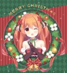  1girl ;d argyle argyle_background bangs bell black_gloves blush bow brown_eyes brown_hair christmas christmas_wreath commentary_request detached_sleeves elbow_gloves eyebrows_visible_through_hair flower frills gloves hair_between_eyes hair_flower hair_ornament holding holding_microphone ikataruto long_hair merry_christmas microphone one_eye_closed open_mouth plaid princess_connect! princess_connect!_re:dive puffy_short_sleeves puffy_sleeves red_bow red_flower sakurai_nozomi_(princess_connect) short_sleeves smile solo sparkle striped striped_background striped_bow two_side_up upper_body vertical-striped_background vertical_stripes white_sleeves 