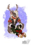 2019 anthro antlers bell biceps bow brown_body brown_fur capreoline cervid christmas convenient_censorship fur hair hi_res holidays hooves horn male mammal markings mostly_nude pinecone red_eyes reindeer sitting smile solo vallhund wreath 
