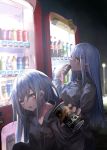  2girls alternate_costume bangs can canned_coffee coca-cola commentary drink drinking earrings facial_mark facial_tattoo g11_(girls_frontline) georgia_coffee girls_frontline green_eyes head_tilt highres hk416_(girls_frontline) holding holding_can hood hood_down hooded_jacket hoodie jacket jewelry lamppost looking_at_viewer miyabino_(miyabi1616) multiple_girls night outdoors pepsi pocari_sweat silver_eyes silver_hair soda_bottle soda_can tattoo teardrop turtleneck vending_machine 