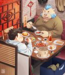  2019 anthro belly blush chubby_protagonist_(tas) clothing detailed_background duo eating food gouryou hi_res hoodie human humanoid_hands male mammal overweight overweight_male protagonist_(tas) shirt sitting suid suina sus_(pig) tokyo_afterschool_summoners topwear video_games wild_boar yukimushi6 