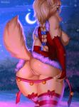  2019 anthro blonde_hair blue_eyes breasts butt canid canine canis clothed clothing detailed_background digital_media_(artwork) domestic_dog female hair hi_res mammal margony moon night nipples outside pussy sky solo standing star starry_sky 