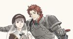 1boy 1girl armor blue_earrings bow brown_bow brown_eyes brown_headwear clenched_hand fire_emblem fire_emblem:_three_houses gauntlets looking_at_viewer mercedes_von_martritz sylvain_jose_gautier upper_body white_background windcaller 
